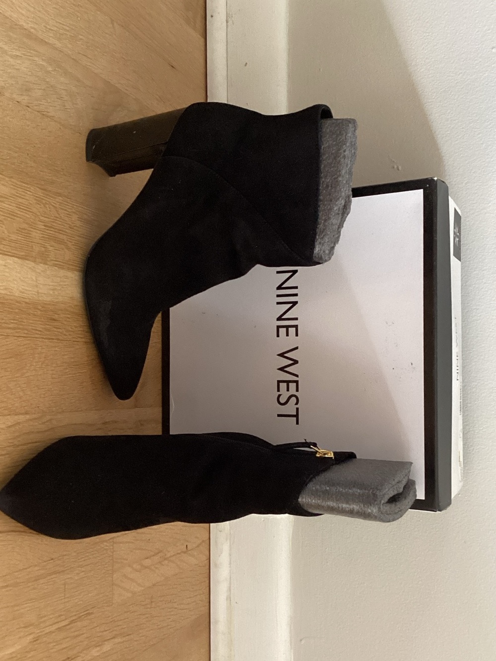 Nine West Black Suede Pointed Toe Ankle Booties with Block Heel
